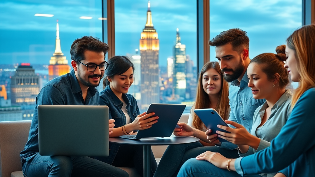 vibrant Manhattan skyline with energetic young tech entrepreneurs collaborating on digital branding in a modern New York coworking office