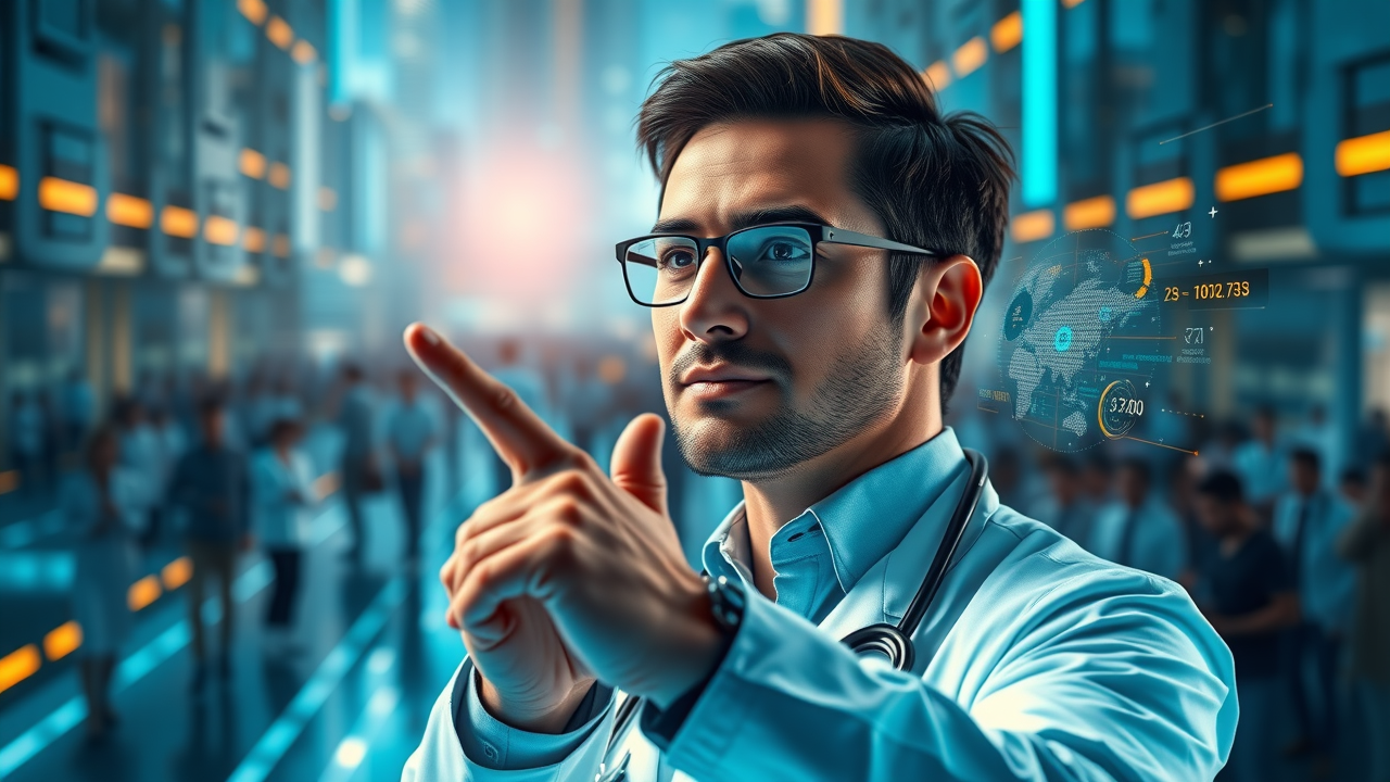 visionary healthcare leader pointing to digital future with holographic medical data; future of health technology