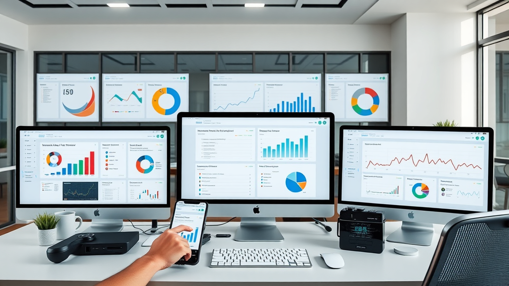 Digital marketing for technology companies tools - array of SaaS dashboards for analytics, automation, content distribution.