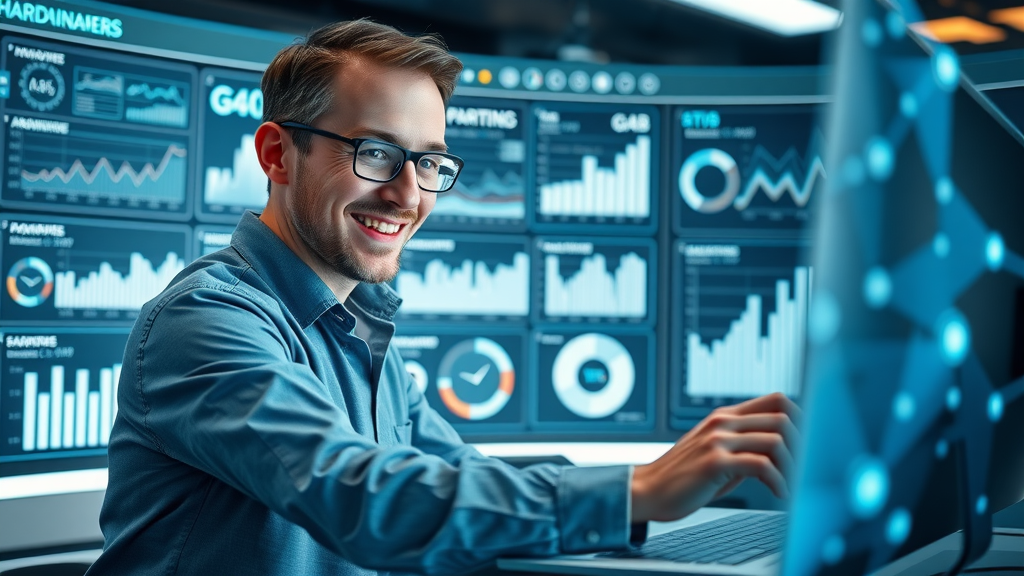 Sleek dashboard interface of digital marketing tools for tech companies, interactive charts and reports, illuminated workstation with holographic data, macro detail