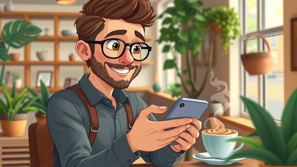 Seattle small business owner using smartphone for social media management at cozy cafe