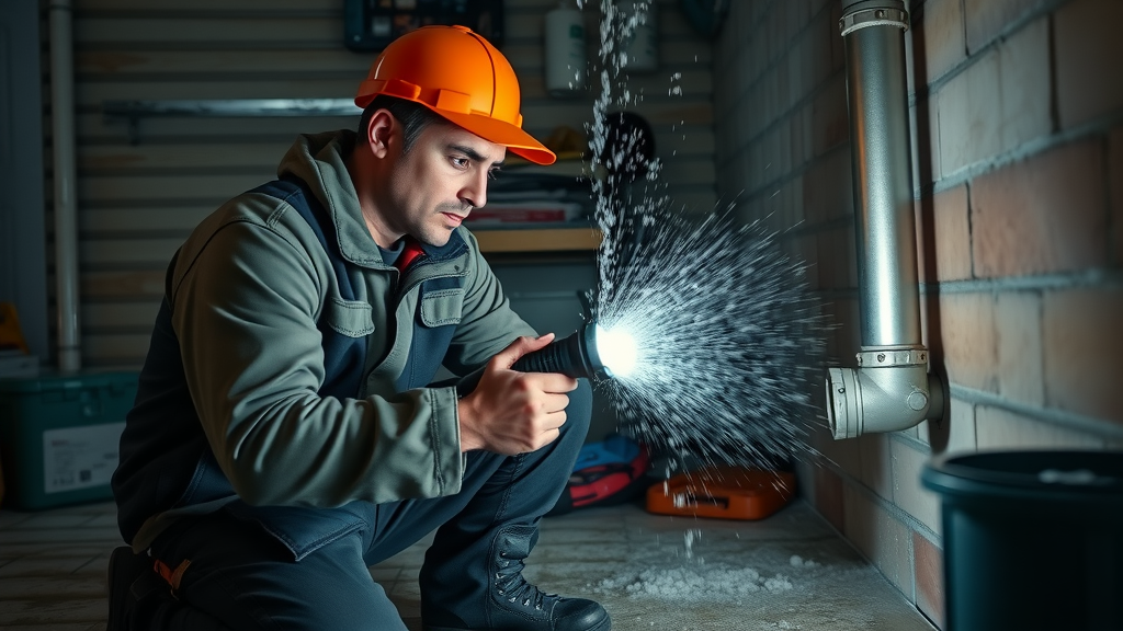 Emergency plumber repairs burst basement pipe at night, critical plumbing service.