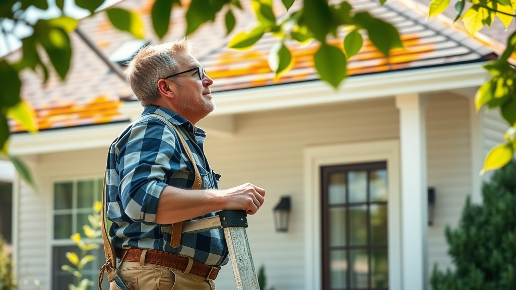 homeowner safely inspecting the roof with ladder for moss, algae, and damage, methodical roof cleaning preparation