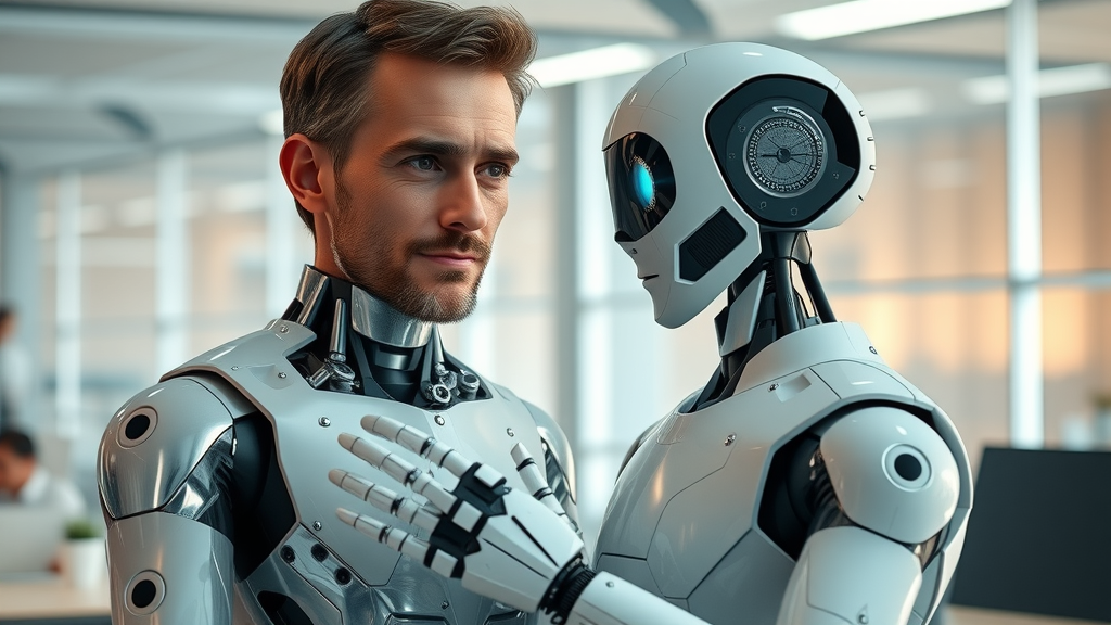 thoughtful marketer and AI robot working together harmoniously in digital marketing today with ai chat