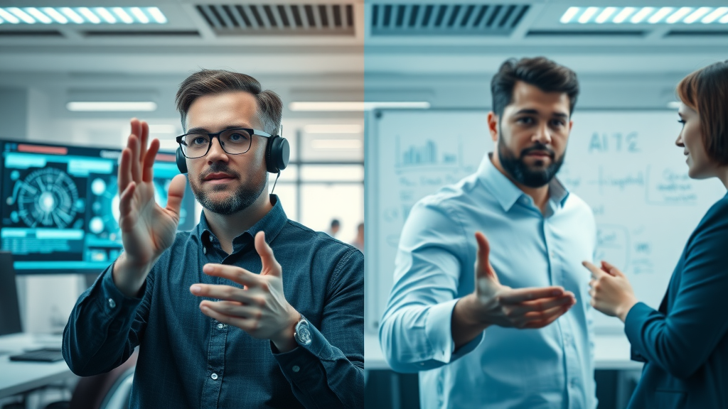 contrasting scenes automated workflow using AI tools versus people collaborating AI agent small business