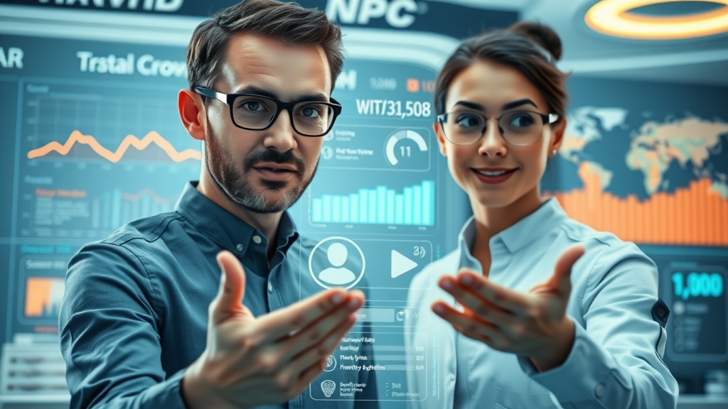 AI-powered PPC dashboard trends for 2024: automation, voice, and video search, futuristic tech lab, holographic data streams