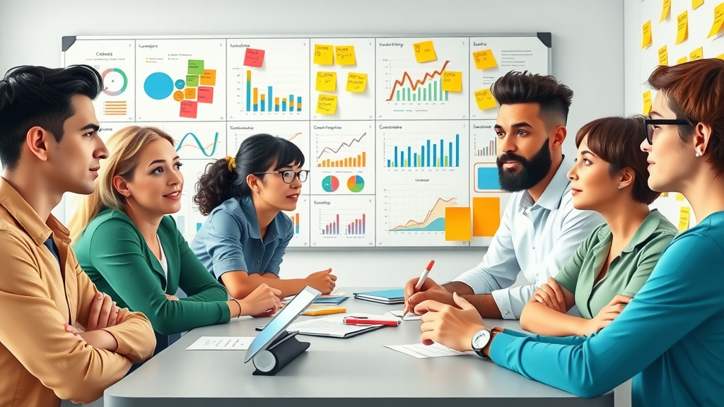 marketers collaborating on ai-driven marketing campaigns, data analysis for customer engagement, creative office environment, animated dashboards