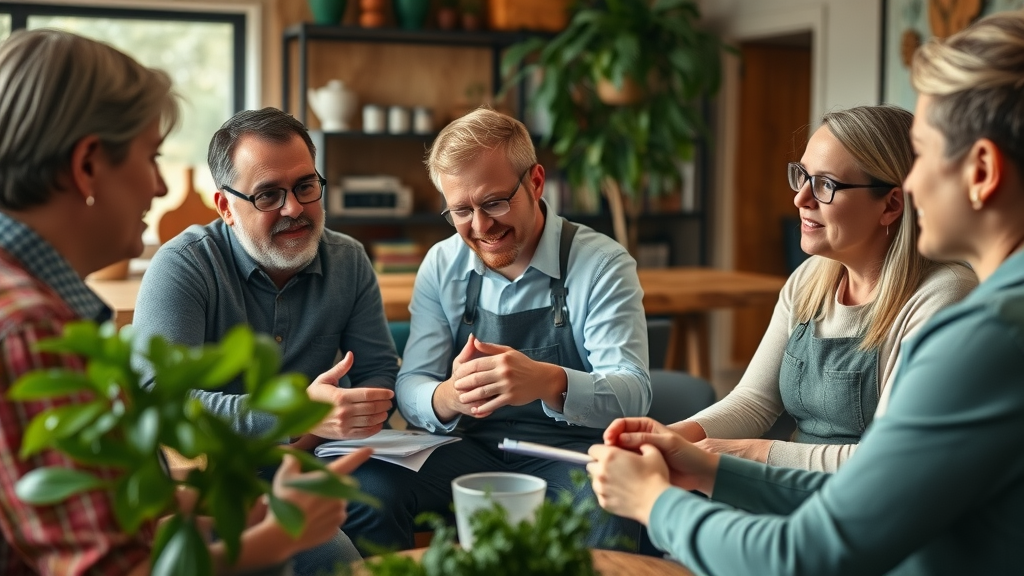 Monmouthshire farmers and business owners collaborating over sustainable agriculture and food systems, meeting with local produce samples, positive and cooperative atmosphere