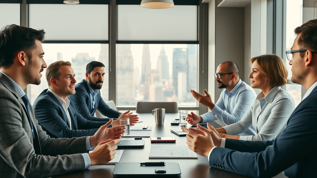 Digital marketing agency professionals collaborating with NY tech executives, planning social media marketing campaigns in a Manhattan boardroom.