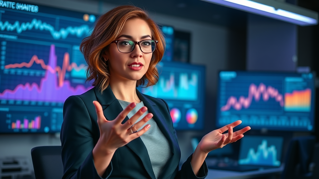 content marketing for tech startups: innovative female leader presenting digital content strategy in a stylized office with digital charts on large screens
