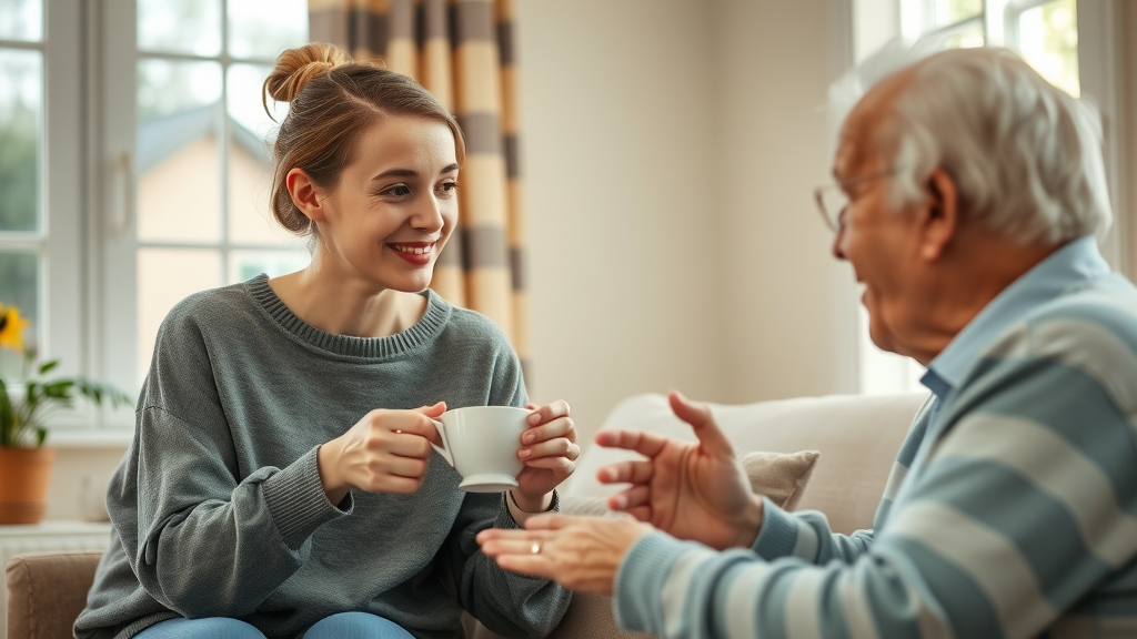 Compassionate volunteer chatting with elderly resident over tea in Monmouthshire, fostering community connections.