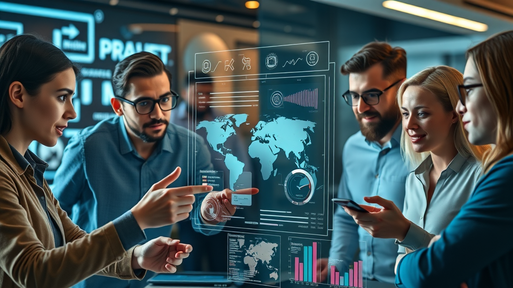 AI interface and marketers examining holographic charts for personalized marketing with AI