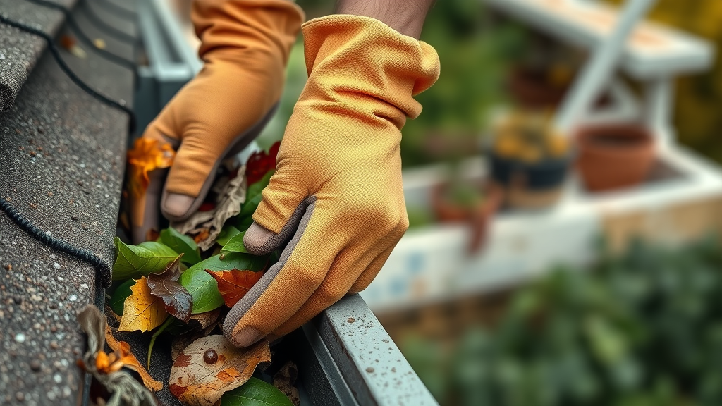 using a gutter cleaning tool to remove debris from gutter, water droplets on leaves, clean gutter in background