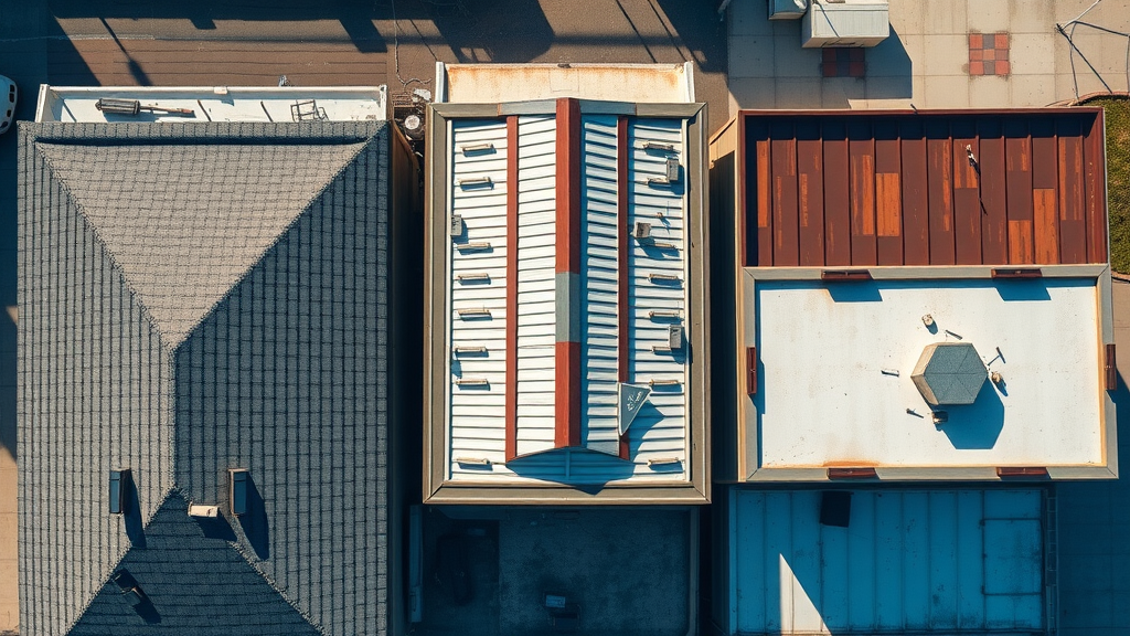 comparative top-down view asphalt shingle metal commercial roof maintenance tips