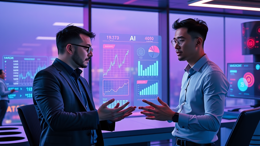 Marketers forecasting AI chatbot ROI and analyzing future digital marketing trends on digital dashboards