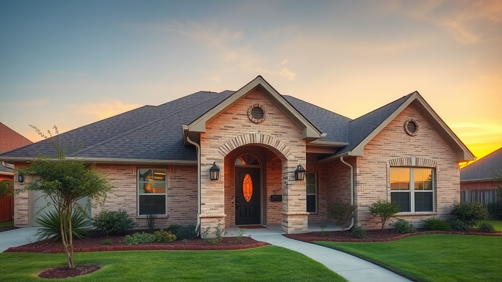 Texas home with new upgraded roofing and seamless gutters in golden hour light