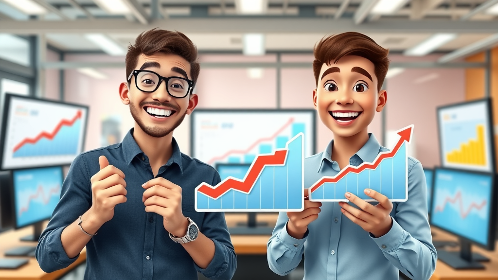 Confident young entrepreneurs in a vibrant office presenting digital growth using top marketing tools for tech companies, upward trend charts, animated, energetic