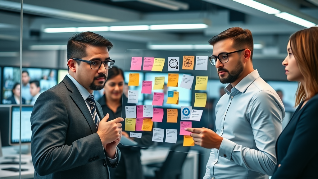 Digital marketing strategies for technology companies - professional team mapping multi-channel strategies on transparent board in a modern tech workspace.