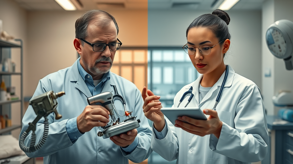 historic and modern healthcare innovation with professionals comparing medical devices; health technology