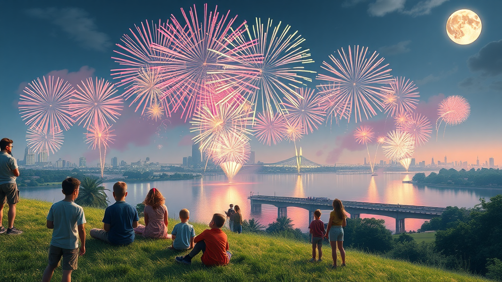 art and science of firework displays: innovative festival with modern eco-friendly fireworks bursting over a river