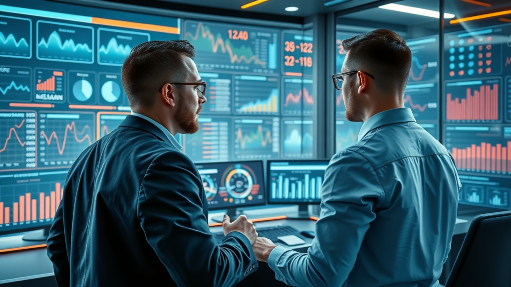 Futuristic command center, marketers at digital marketing agency New York, analyzing ad trends, digital dashboards, cinematic lens, neon accent lighting