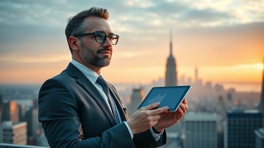 Confident business owner, inspired by digital marketing agency New York results, overlooking Manhattan, digital tablet with growth graphs, sunrise, telephoto lens