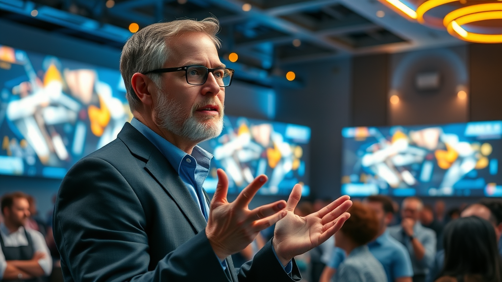 visionary technology leader presenting innovations at tech conference - content marketing for technology startups