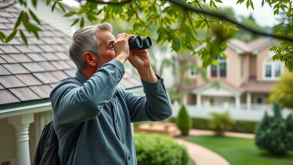 homeowner inspecting roof for signs of roof damage in a suburban neighborhood