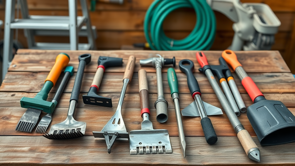 array of gutter cleaning tools including gutter scoop, leaf blower, and garden hose displayed on wooden surface