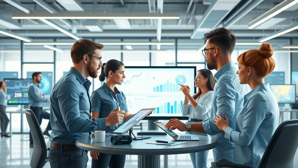 Futuristic office workspace with digital marketing tools for tech companies, inspired team analyzing growth charts, modern open office with digital gadgets, high fidelity photorealism, natural daylight