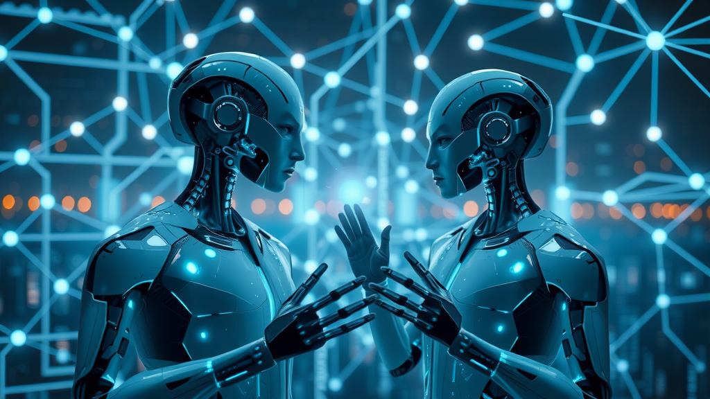 context engineering network of AI agent avatars engaged in data exchange, collaborating on tasks, dynamic lines, digital futuristic setting