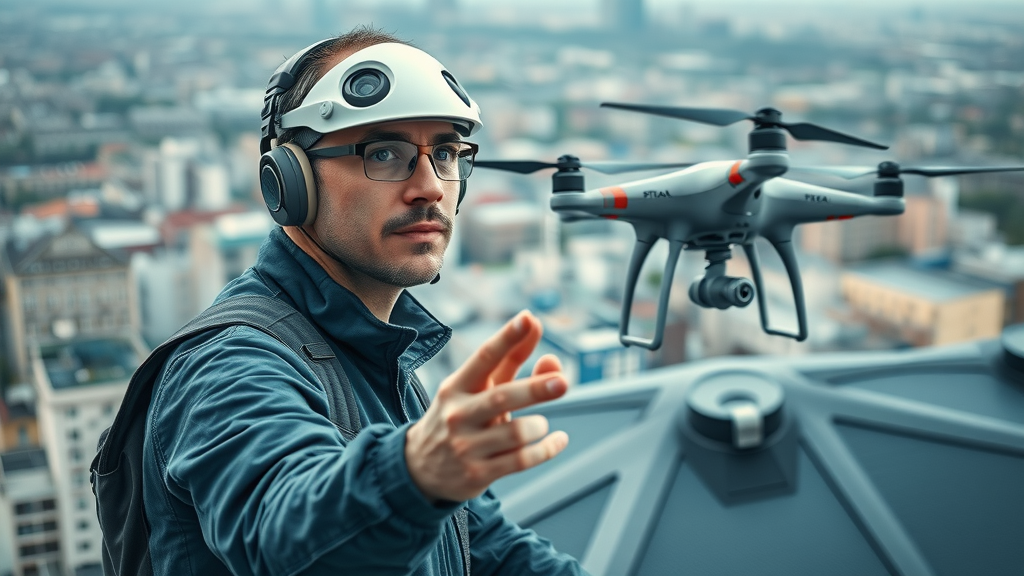 Inspector uses drone for aerial roof inspection survey, capturing hard-to-reach areas for the roof inspection checklist in an urban setting.