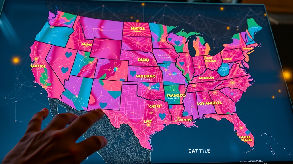 Map showing Seattle, San Diego, San Francisco, and Los Angeles digital marketing strategies connection