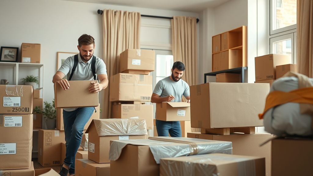 A well-organized team of professional movers carefully wrapping and packing household items in bright living room, with natural light and earth tones. Focused and dynamic packing action, with boxes labeled for local moving company.