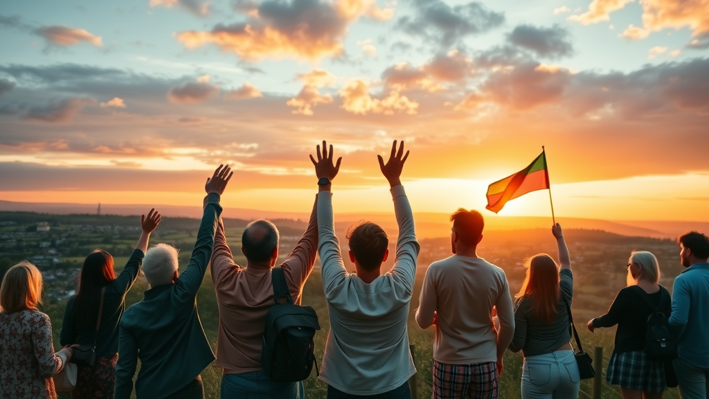 Hopeful Monmouthshire community at sunset, holding hands, unity and progress — Monmouthshire residents owned future