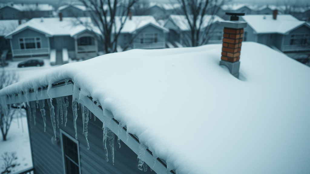 house roof with snow build-up and visible ice dam, winter roof maintenance tips, cinematic, frozen icicles