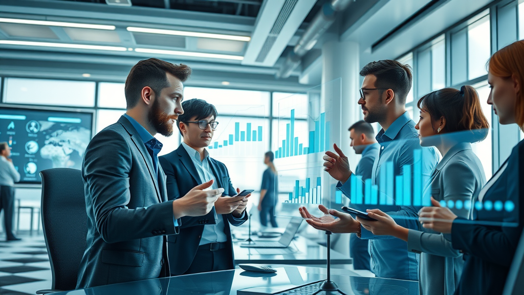 Digital marketing for technology companies - futuristic office with executives analyzing growth analytics dashboards, modern tech devices, and holographic graphs.
