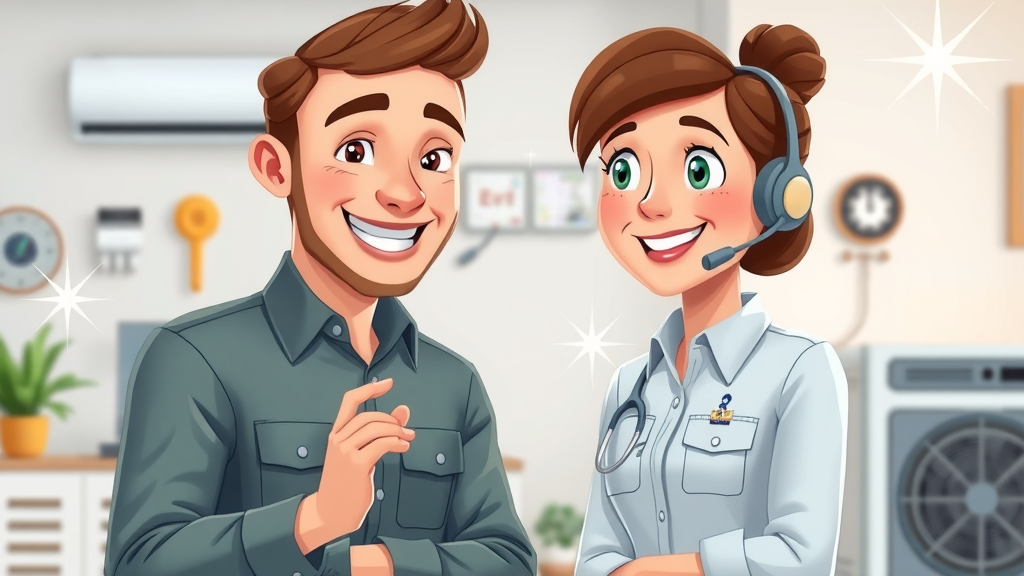 Contact Center AI: Happy HVAC customer interacts with virtual service agent on screen, seamless and positive support, bright background, HVAC tools