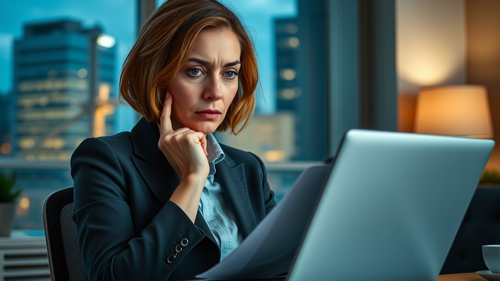 concerned businesswoman reading agency reviews, London evening workspace, digital marketing agency research