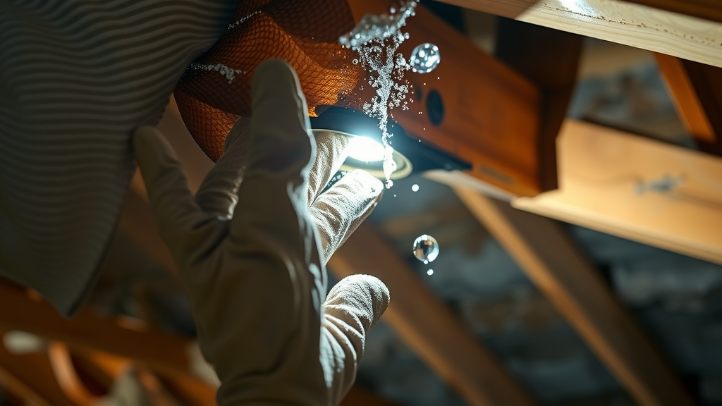 Hand in glove sealing a roof leak, preventing water damage with roofing care