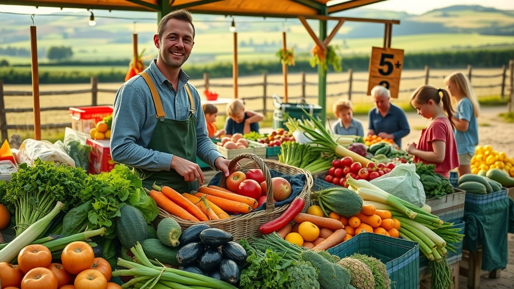 Abundant local produce at a Monmouthshire farm stand, farmer interacting with families, arranging colourful vegetables, rural countryside backdrop