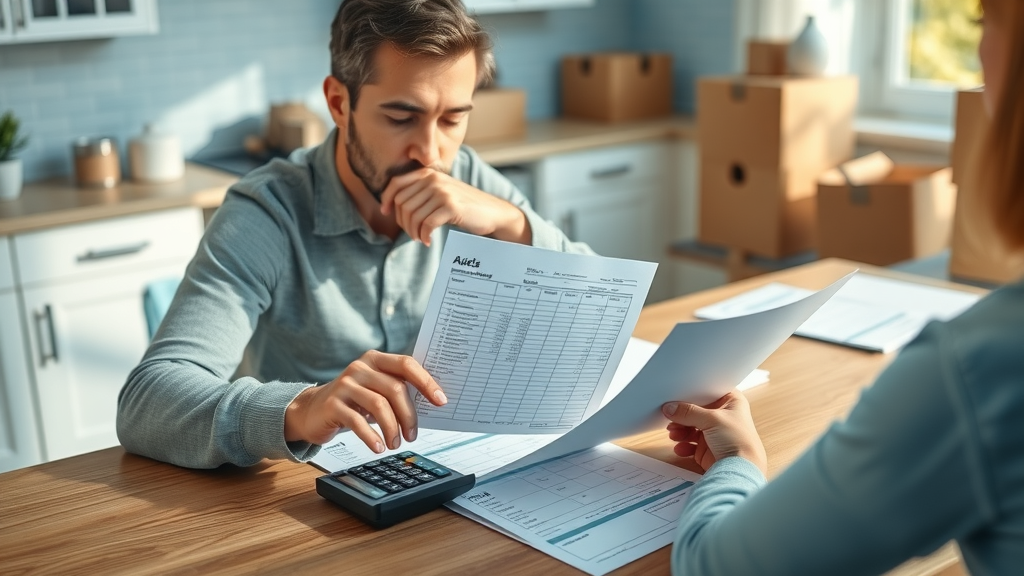 Homeowner calculating moving costs with a clean spreadsheet, paperwork, and a calculator, surrounded by moving boxes in a kitchen. For local moving company cost.
