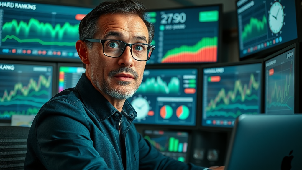 SEO specialist monitoring ranking algorithm changes and fluctuating ranking charts in a tech workspace