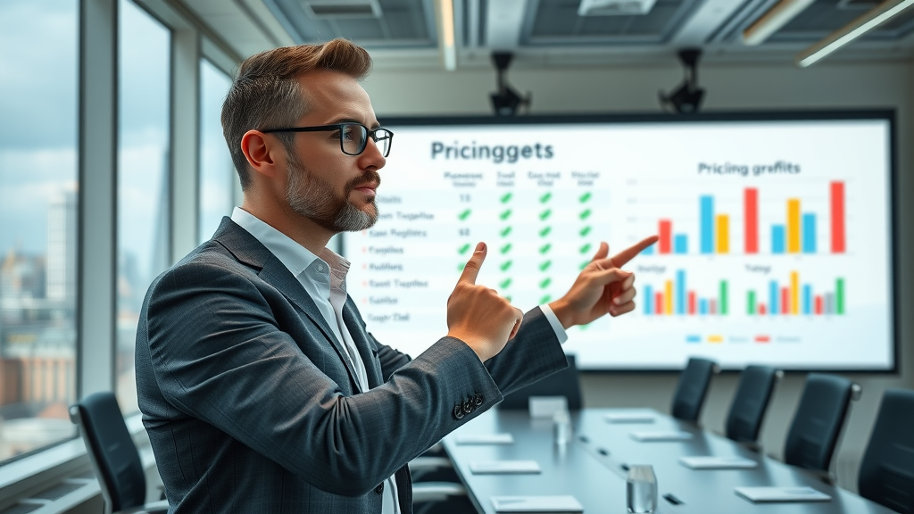 digital marketing agency pricing in London, professional pointing at projected pricing charts, city view