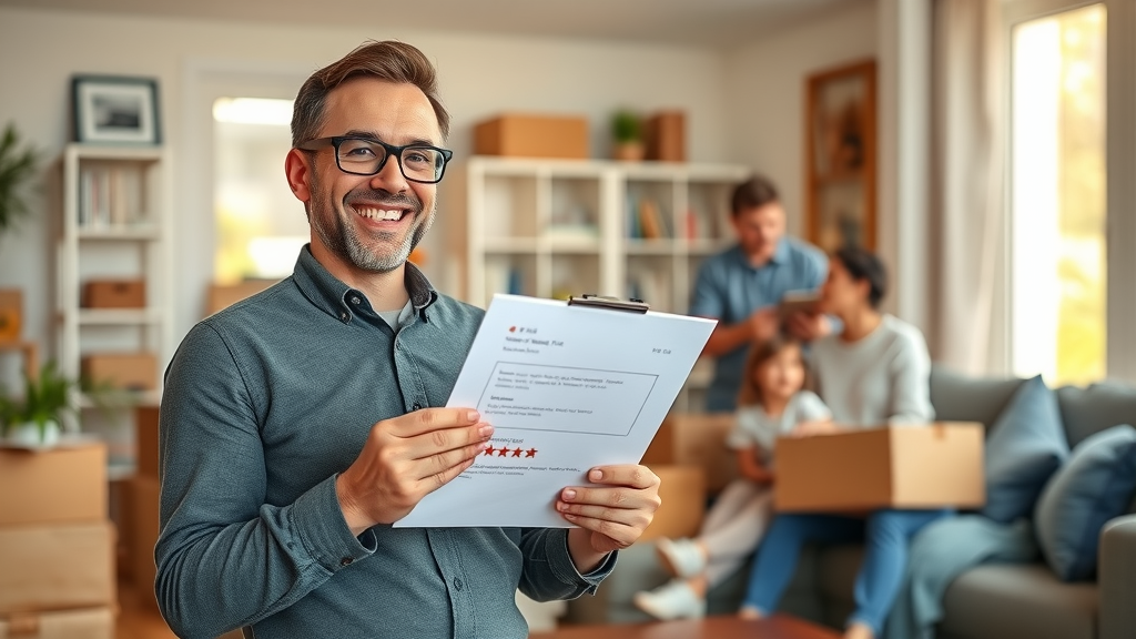 Happy customer, relaxed and smiling, hands clipboard giving a positive review to a professional mover in cozy, unpacked living room. Family and sunlit space for local moving company.