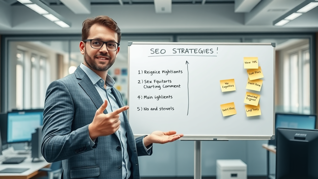 Professional consultant summarizing SEO strategies on digital whiteboard for search engine optimization benefits