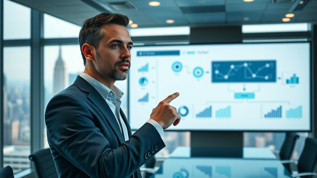 Digital marketer presenting startup marketing strategy in NY boardroom