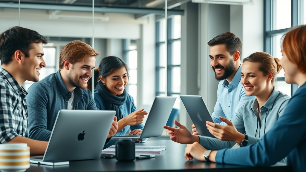 content marketing for tech startups: dynamic young tech team brainstorming with laptops in a modern open startup workspace, digital marketing strategy notes on glass boards