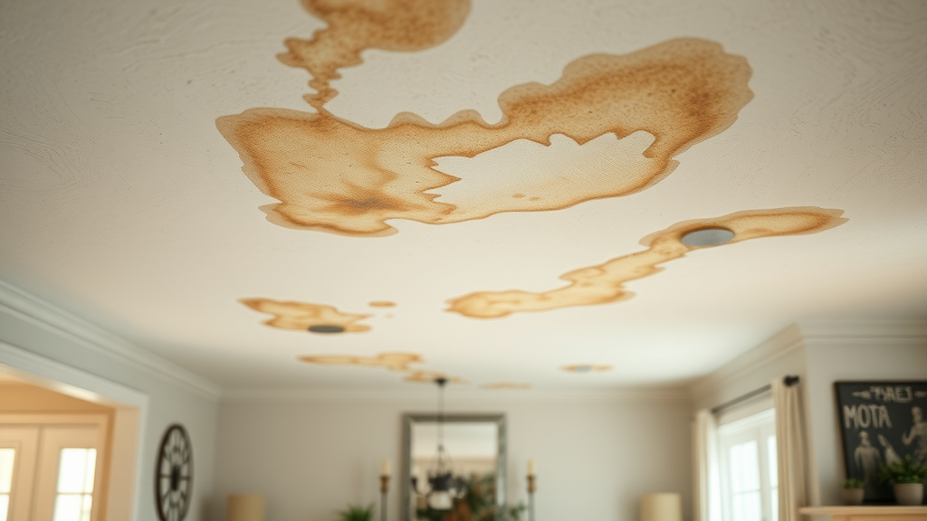 close-up of ceiling with water stains due to roof leak
