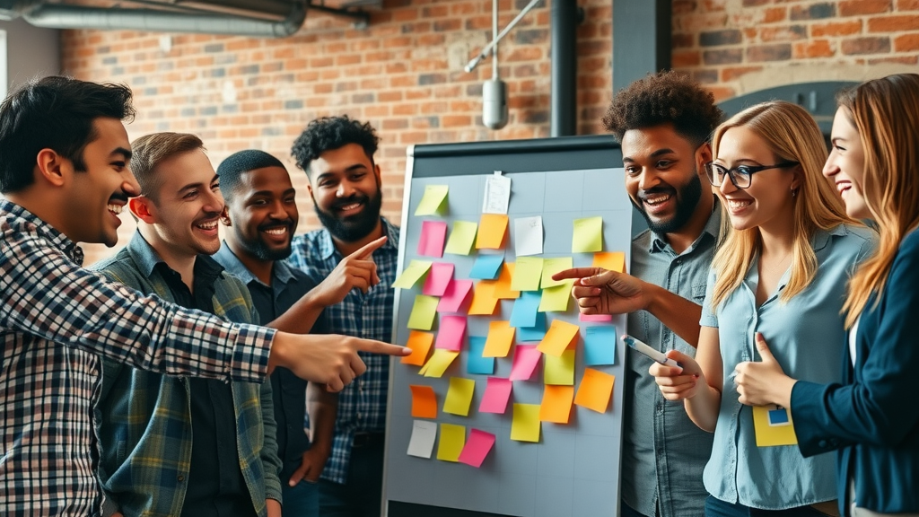 NY tech startup marketing team brainstorming with sticky notes in a New York office loft, diverse members collaborating.